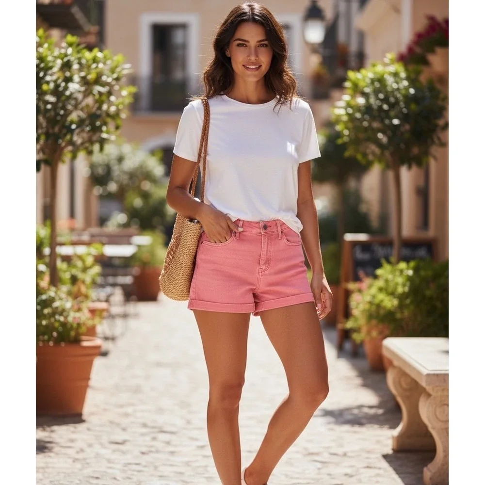 Dear John Coral Pink Cuffed Denim Shorts Mid Rise‎ Barbiecore Preppy Girly Beach